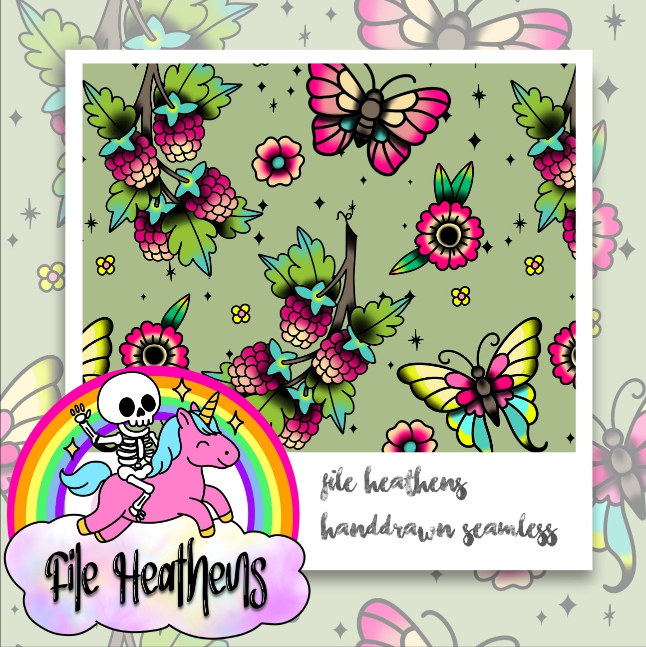 Raspberries and Butterflies handdrawn tattoo seamless file