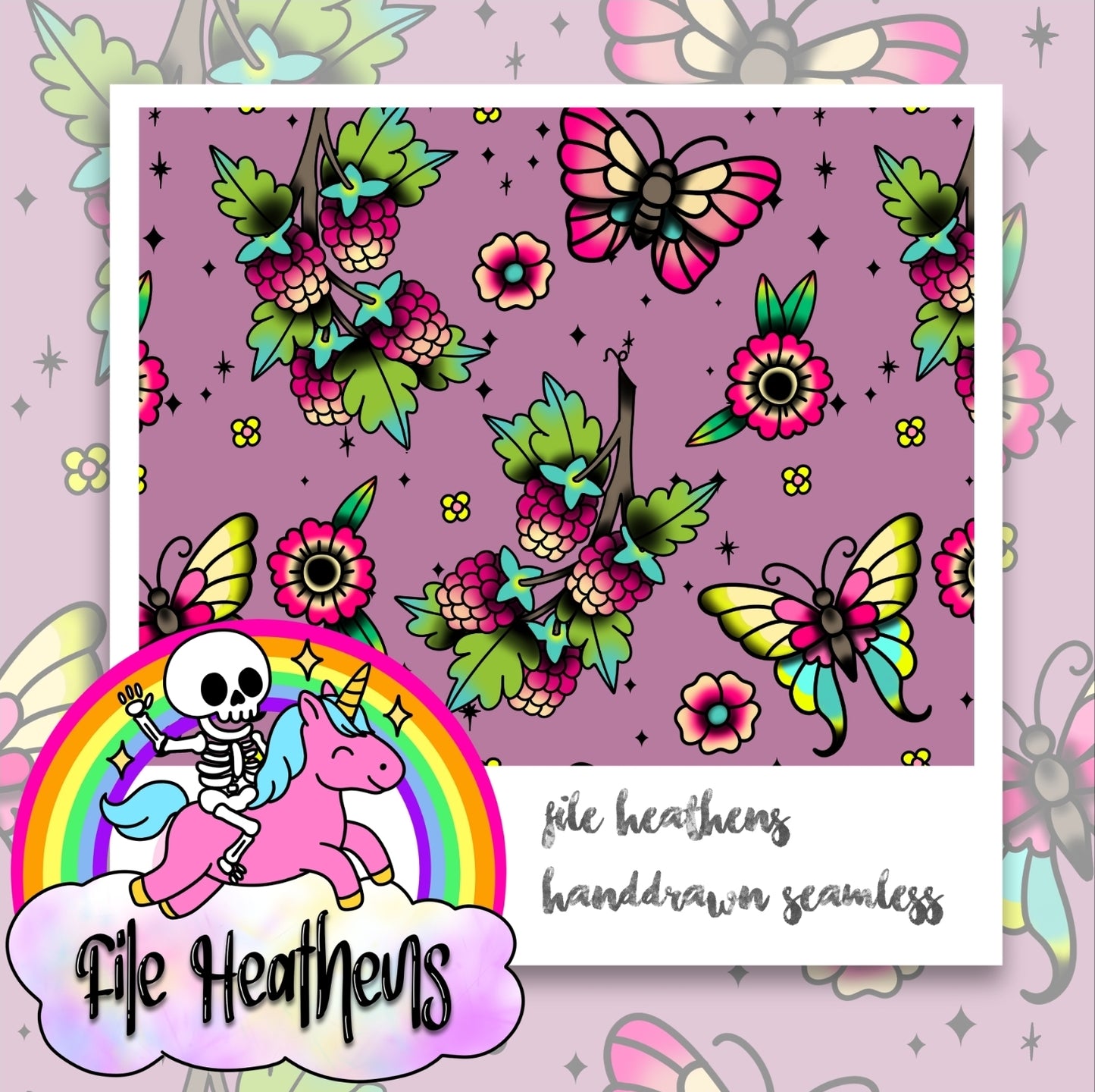 Raspberries and Butterflies handdrawn tattoo seamless file