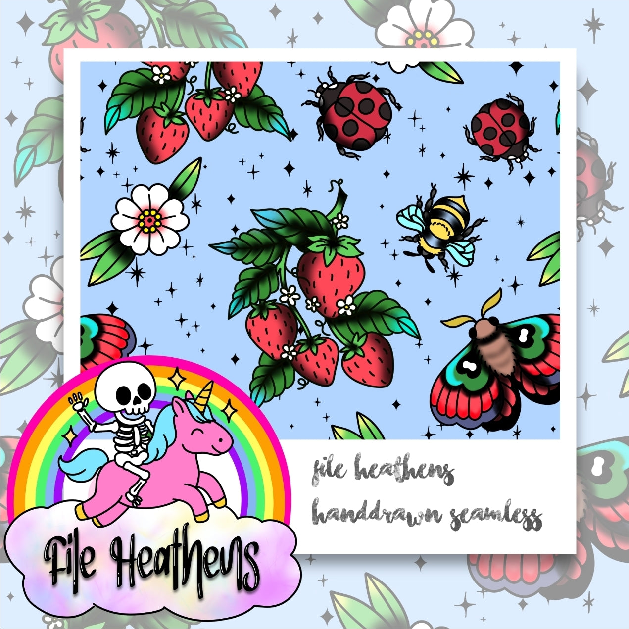 Strawberries and Bugs Tattoo Flash Handdrawn seamless file