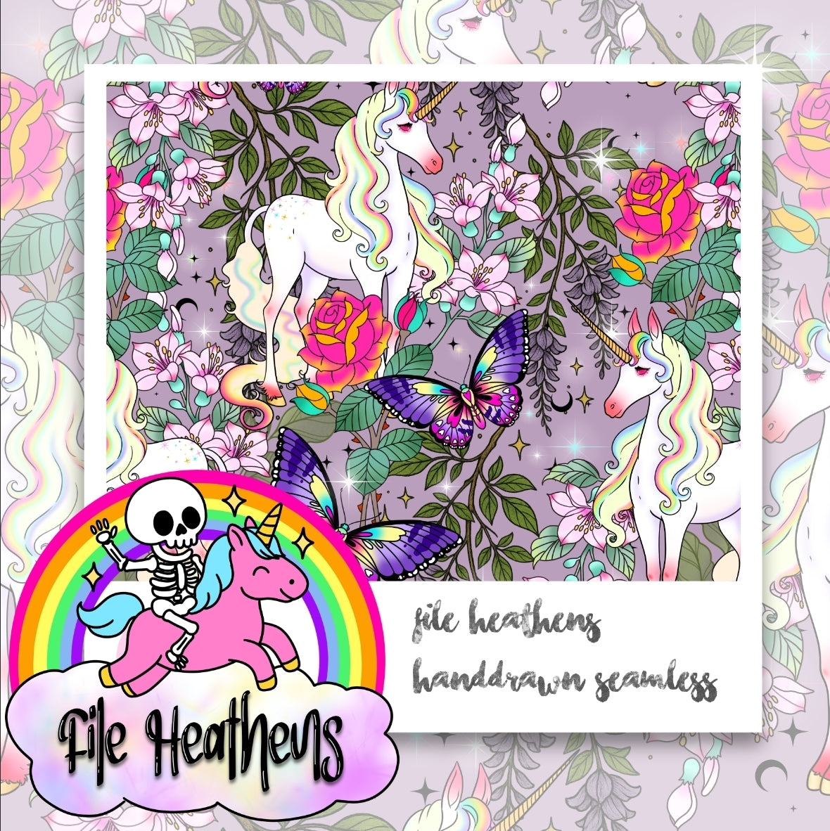 Purple Unicorn Botanicam Gardens Handdrawn Seamless File