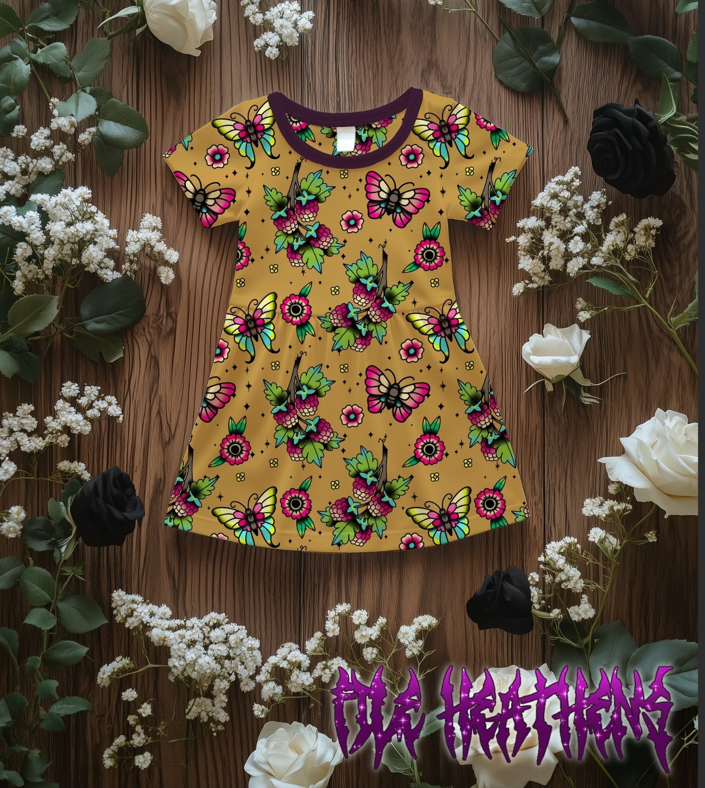 Raspberries and Butterflies handdrawn tattoo seamless file