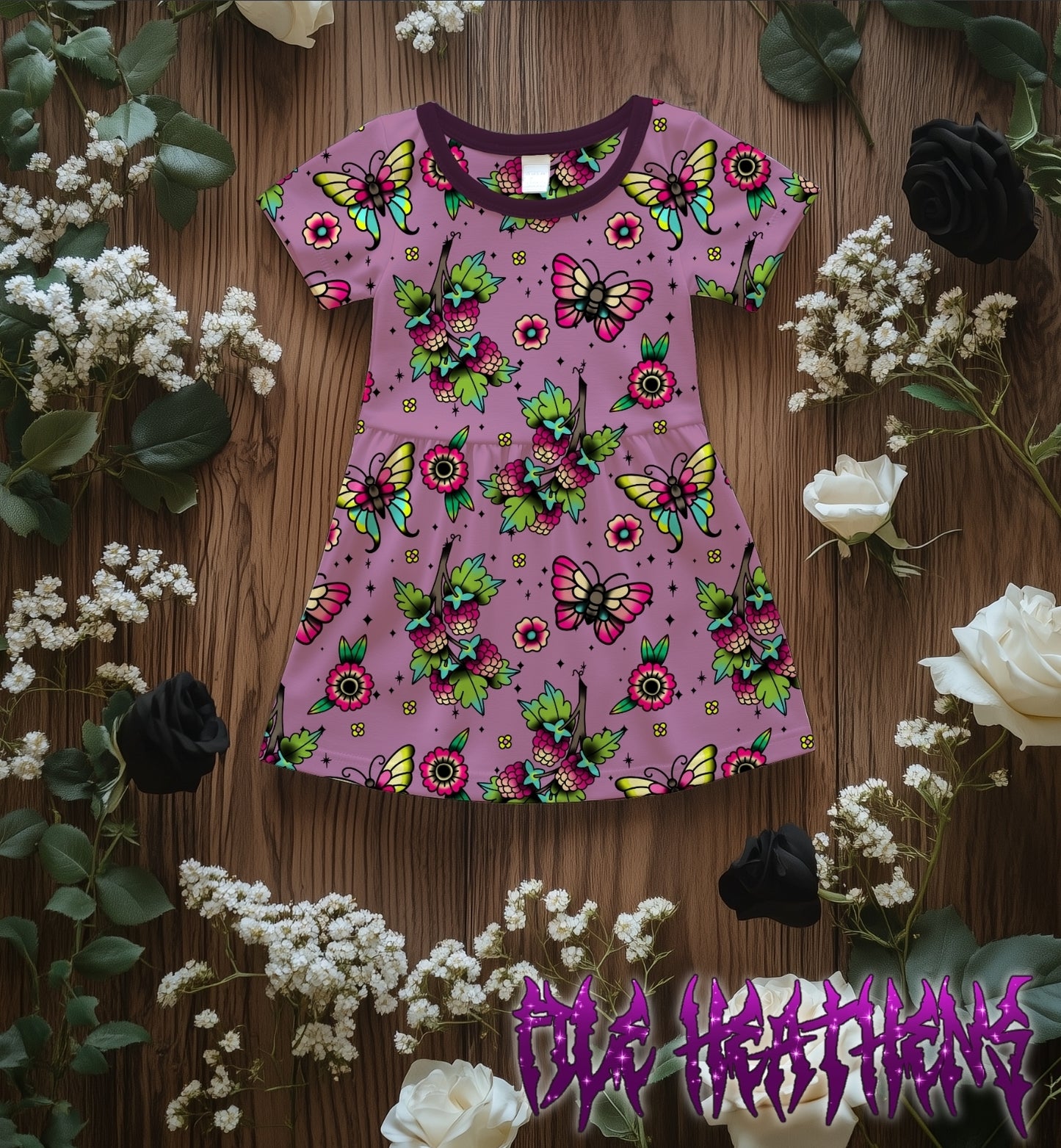Raspberries and Butterflies handdrawn tattoo seamless file