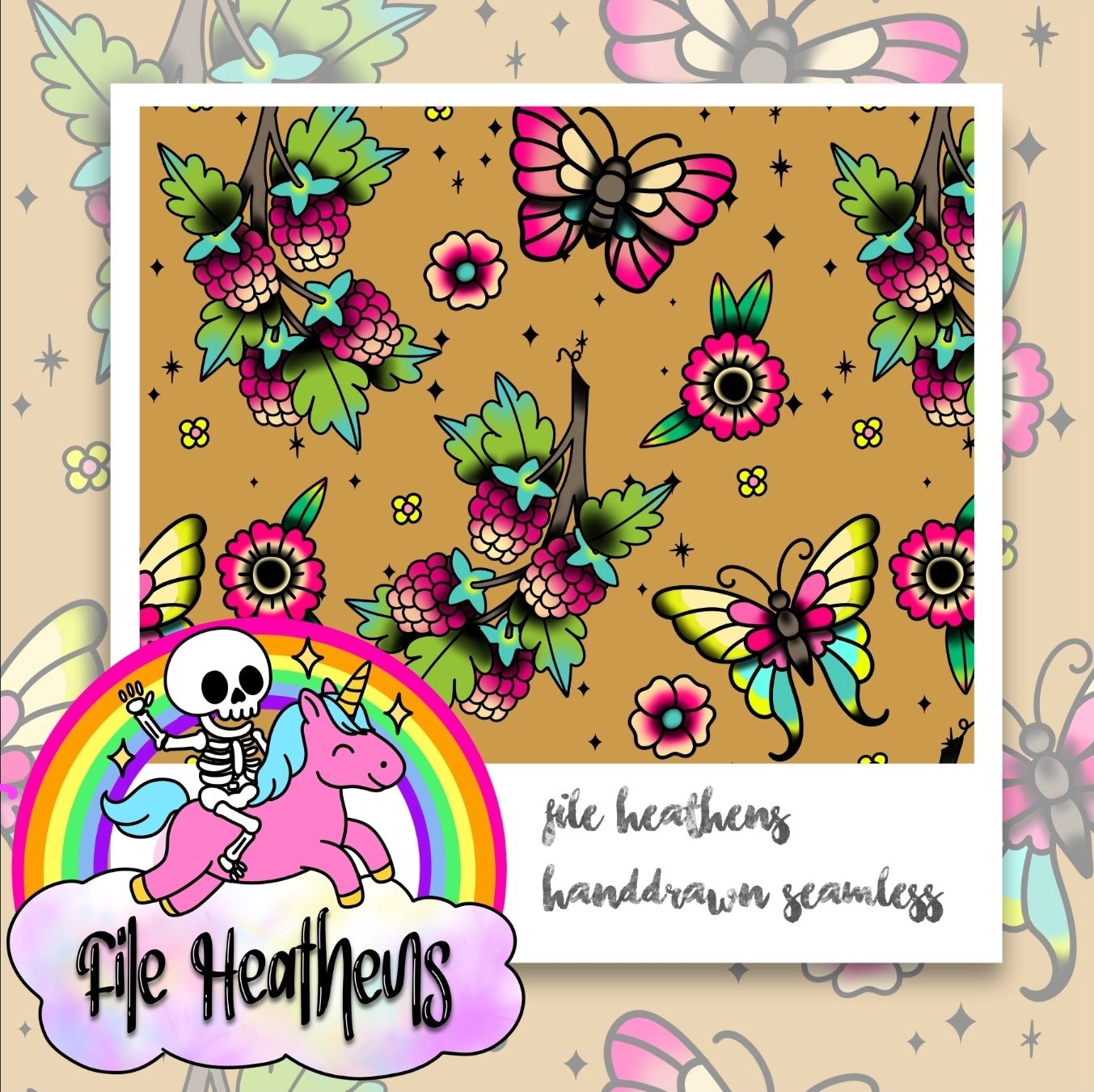 Raspberries and Butterflies handdrawn tattoo seamless file
