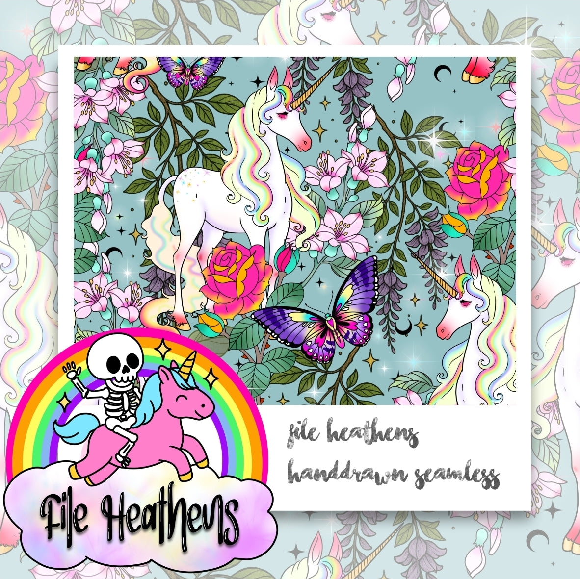 Blue Unicorn Botanical Gardens Handdrawn Seamless File